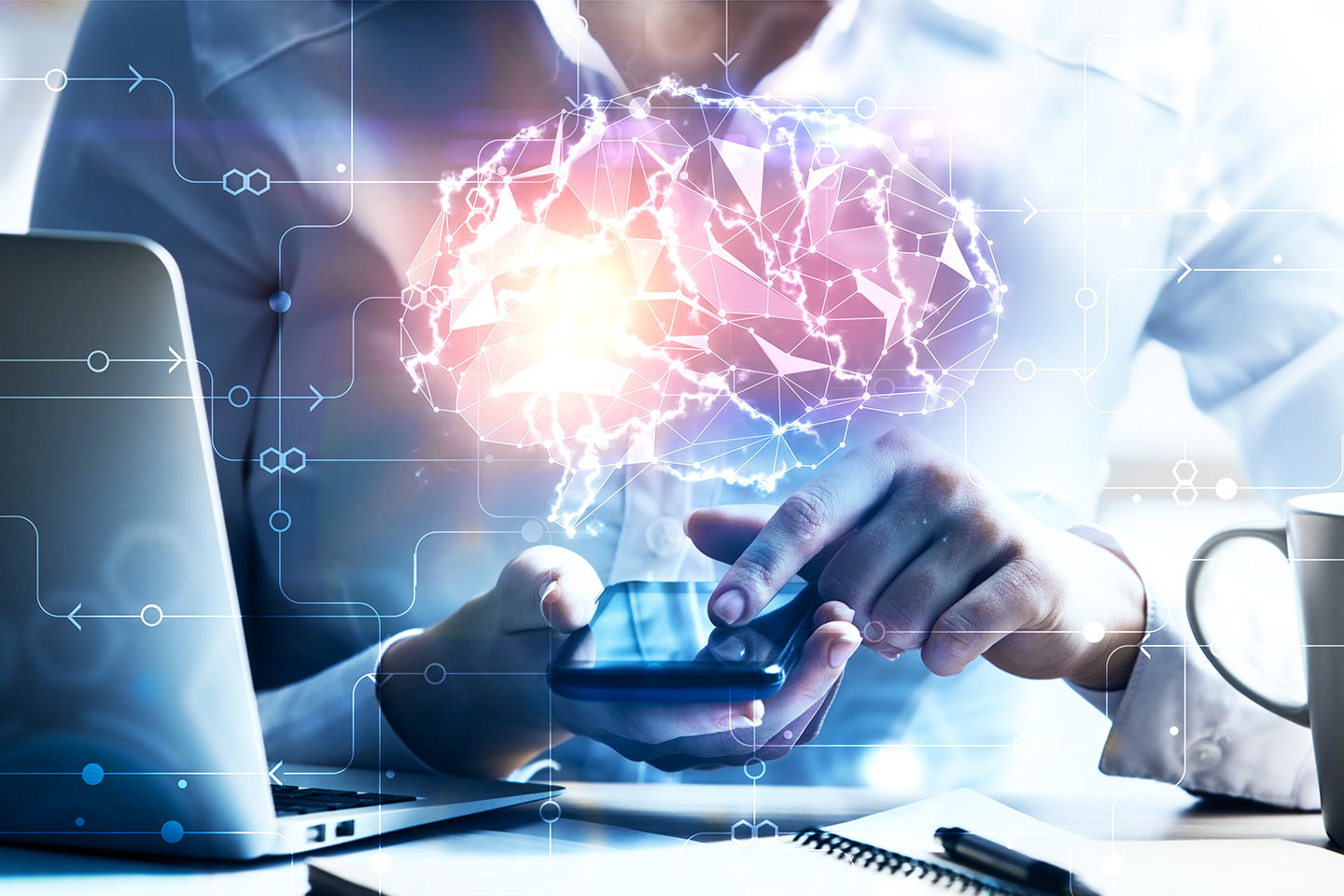 Abstract Brain And Circuit Diagram In Front Of Mobile Phone And Desk